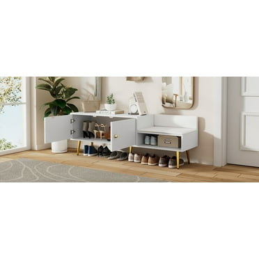 Modern Shoe Storage Bench with Storage Compartment, Upholstered Leather Seat and Intricate Grooves for Bedside, Living Room, Entryway, Hallway, White