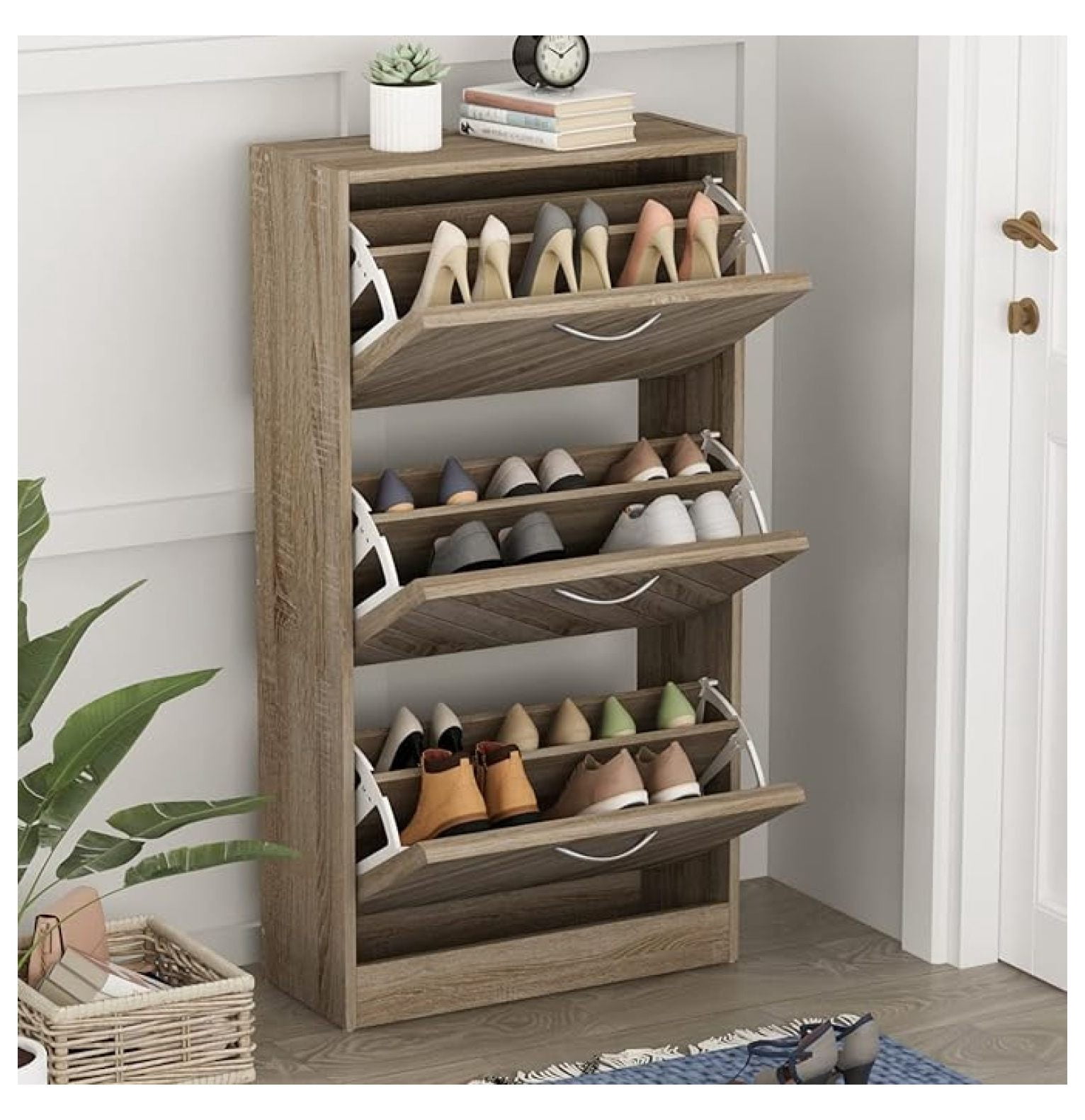 Modern Shoe Storage Cabinet with 3 Drawers & Twill Louver Doors, Wood 3-Tier Shoe Rack Storage Organizer for Entryway, Hallway & Bedroom, Brown (22.4”L x 9.4”W x 42.3”H)