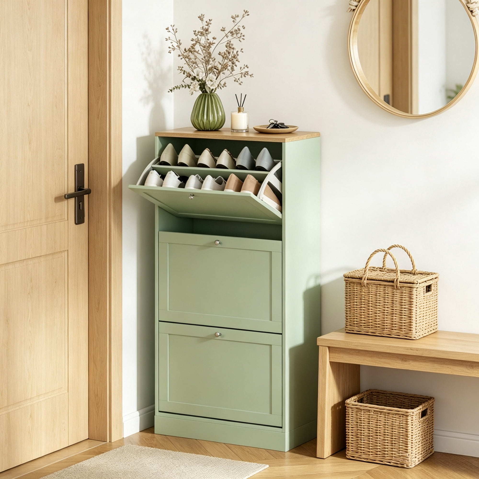 Modern Shoe Storage Cabinet, Entryway Shoe Organizer with 3 Flip Drawers & Adjustable Shelves, Space-Saving Shoe Rack Holds 12-18 Pairs, Hallway & Foyer, Green