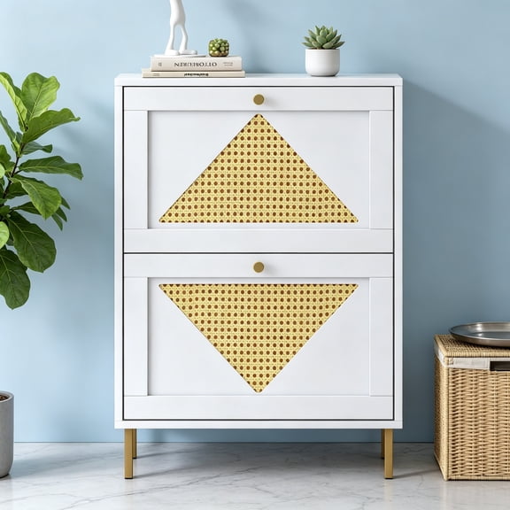 Modern Shoe Storage Cabinet with 2 Flip Drawers, Rattan Shoe Cabinet for Heels, Boots, Slippers, Entryway, Bedroom, Living Room, Hallway, White