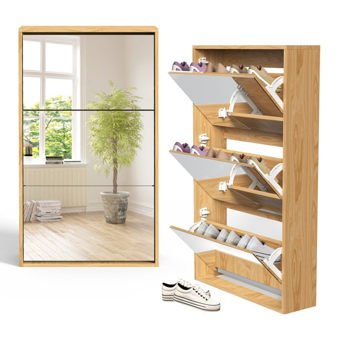Natural Wood Mirror Shoe Storage Cabinet with 3 Flip Drawers