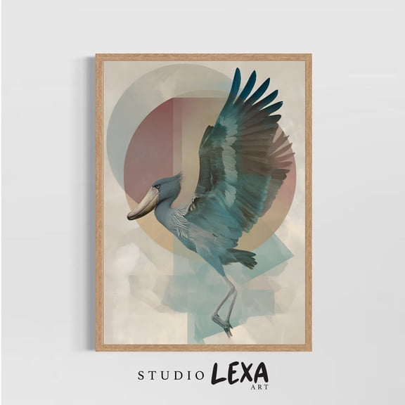 Modern Shoebill Wall Decor Geometric Bird Art Exotic Wildlife Contemporary Animal Artwork Neutral Gallery, Unframed Poster