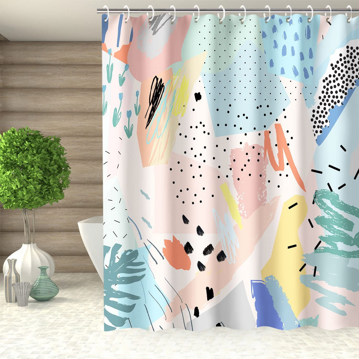 Modern Shower Curtain Abstract Shower Curtain, Colorful Shower Curtain Art Pink Minimalist Geometric Shower Curtains for Bathroom, Blue Green Yellow Bathroom Decor, 72" x 72" Inches
