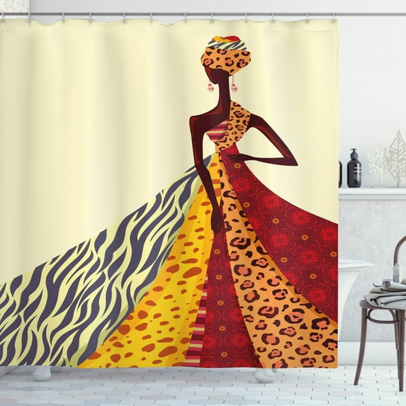 Modern Shower Curtain, African Girl Posing with a Dress of Different Design Patterned Image Artful Print, Fabric Bathroom Set with Hooks, 69W X 70L Inches, Multicolor, by Ambesonne