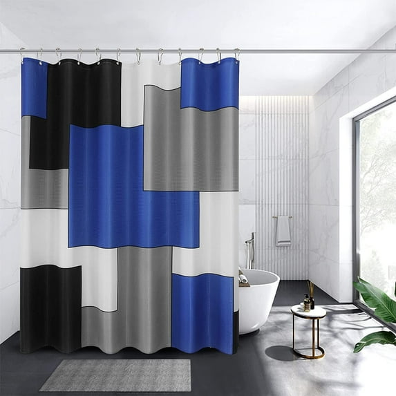 Modern Shower Curtain Blue Black and White Shower Curtain Set Grey Geometric Bath Curtain Waffle Fabric Polyester for Bathroom Decor Accessories Water Repellent with 12 Metal Hooks, 72x72 Inches