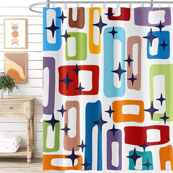 Modern Shower Curtain Colorful Geometric Rectangle Pattern Mid Century 1960''s Old Fashioned Bathroom Decor Accessories Shower Curtain Set with 12 Hooks, 72x84 Inches