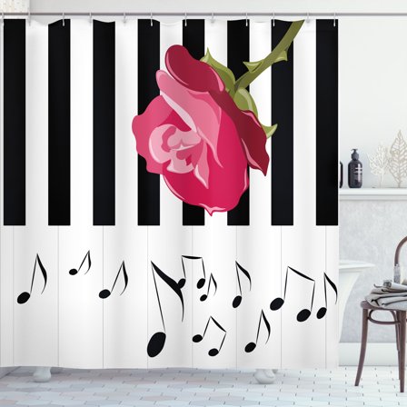 Modern Shower Curtain, Hand Drawn Red Rose on Piano with Musical Notes Romantic Instrumental Art, Fabric Bathroom Set with Hooks, 69W X 75L Inches Long, Pink Black White, by Ambesonne