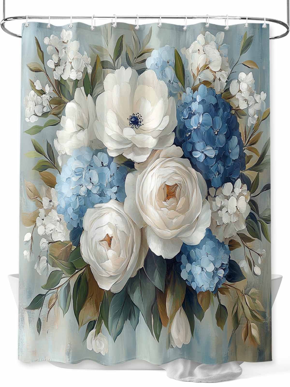 Image showcasing Modern Shower Curtain, Oil Painting Hydrangeas Peony Bathroom Decor ...