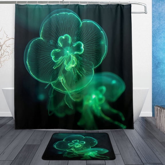 Modern Shower Curtain Set ,Waterproof Bathroom Shower Curtain Decorative Set with 12 pcs Hooks,Dotted Plastic Base Non-slip Durable 66 x 72in Fluorescent Jellyfish