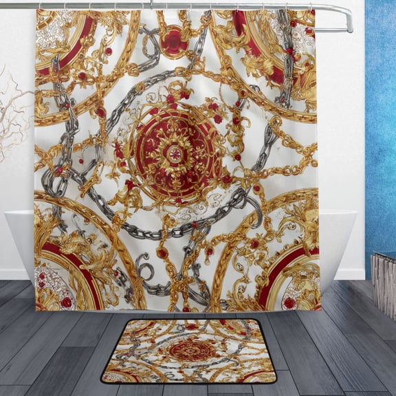 Modern Shower Curtain Set ,Waterproof Bathroom Shower Curtain Decorative Set with 12 pcs Hooks,Dotted Plastic Base Non-slip Durable 66 x 72in Intricate Gold and Red Details
