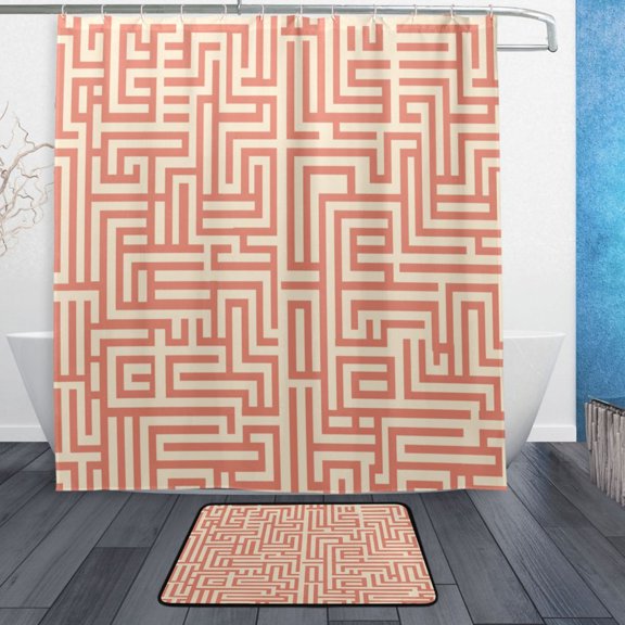 Modern Shower Curtain Set ,Waterproof Bathroom Shower Curtain Decorative Set with 12 pcs Hooks,Dotted Plastic Base Non-slip Durable 66 x 72in Maze Pattern