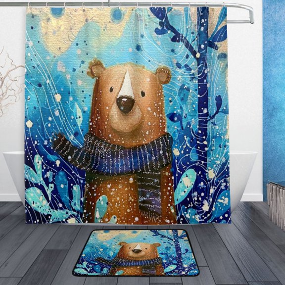 Modern Shower Curtain Set ,Waterproof Bathroom Shower Curtain Decorative Set with 12 pcs Hooks,Dotted Plastic Base Non-slip Durable 66 x 72in Midnight Forest