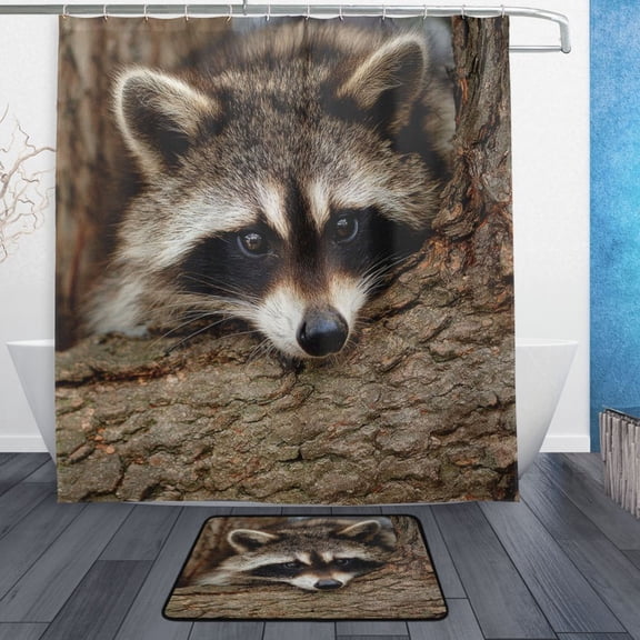 Modern Shower Curtain Set ,Waterproof Bathroom Shower Curtain Decorative Set with 12 pcs Hooks,Dotted Plastic Base Non-slip Durable 66 x 72in Staring Raccoon