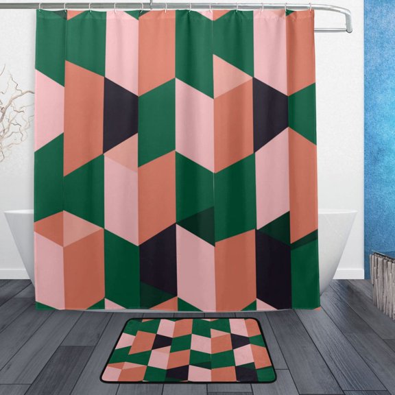 Modern Shower Curtain Set ,Waterproof Bathroom Shower Curtain Decorative Set with 12 pcs Hooks,Dotted Plastic Base Non-slip Durable 66 x 72in Cube