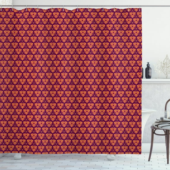 Modern Shower Curtain, Symmetrical Motifs in Floral Style Old Fashioned Abstract Art Design, Fabric Bathroom Set with Hooks, 69W X 75L Inches Long, Dark Violet Magenta Yellow, by Ambesonne