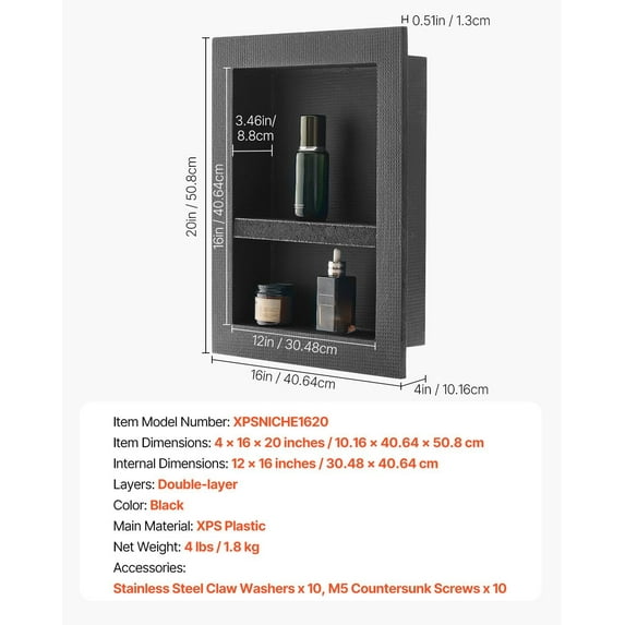 Modern Shower Niche Recessed Shelf - 16x20 Inch Bathroom Organizer, 4 Inch Deep Wall Storage