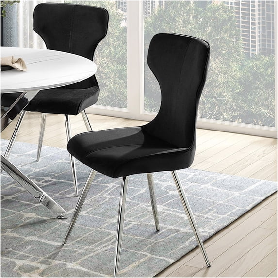 Modern Side Chairs Set of 2, Black Velvet Upholstered Dining Chairs with Chrome Metal Legs, Contemporary Accent Chairs for Kitchen or Dining Room