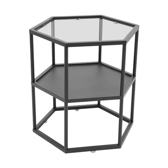 Modern Side Table, Hexagonal Side Table, Iron Side Table with 2-Tier Storage Shelf for Living Room, Study Room, Bedroom, Office, Balcony, Bathroom (18.1*24in)