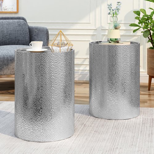 Modern Side Table  MDF Top, Metal Base, Durable Build, Silver  s a hammered surface to create a gorgeous textured look
