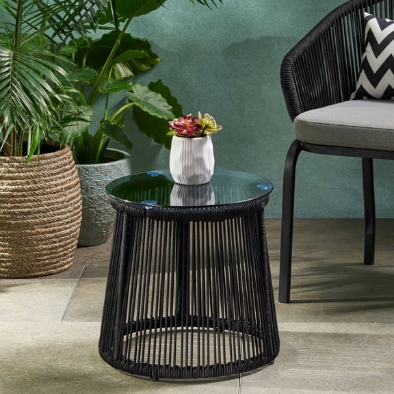 Modern Side Table With Unique Rope Weave And Tempered Glass 16.73" High Woven Smooth Top