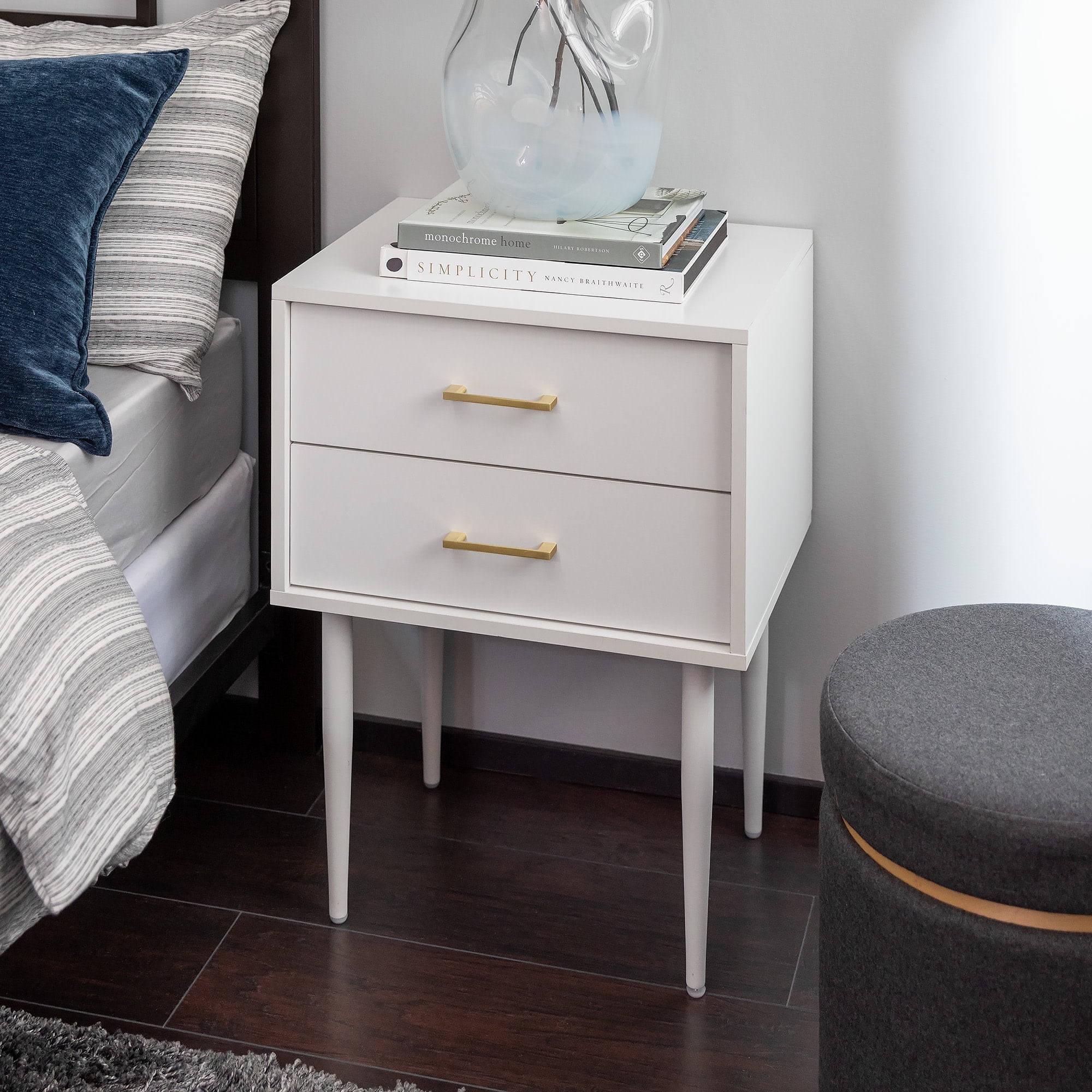 White Mid-Century Modern 2-Drawer Wood End Table