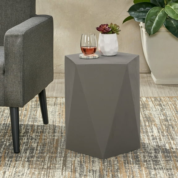 Modern Side Table with Pentagon Shape Outdoor Patio Table, Lightweight Concrete Material (Light Gray, 16"x16")