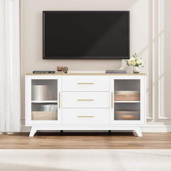 Modern Sideboard Buffet Cabinet With 2 Fluted Glass Doors, 3 Spacious Drawers & Adjustable Shelf - White Storage Unit for Kitchen, Dining or Living Room With Elegant Top 56.3"D × 15.7“W ×30”H