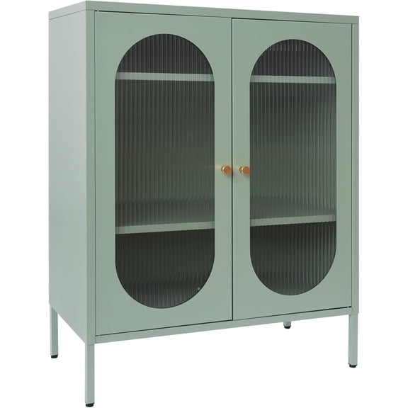 Modern Sideboard Buffet Cabinet 3 Tiers Coffee Bar Cabinet Kitchen Pantry Metal Accent Cabinet with 2 Doors and Shelf for Living Room Dining Room (Creamy Green)