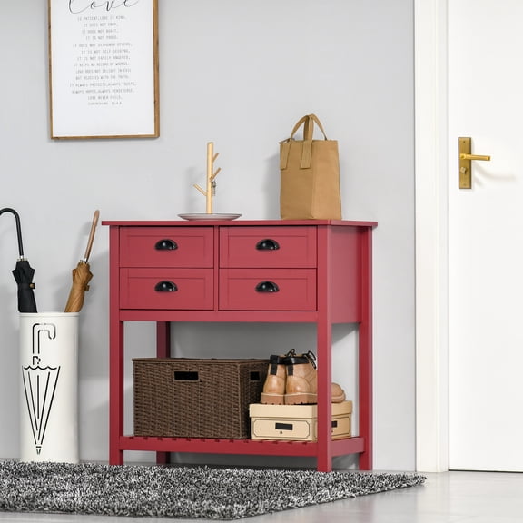 Modern Sideboard Buffet Cabinet, Coffee Bar with 4 Drawers & Slatted Shelf, Console Table, Red