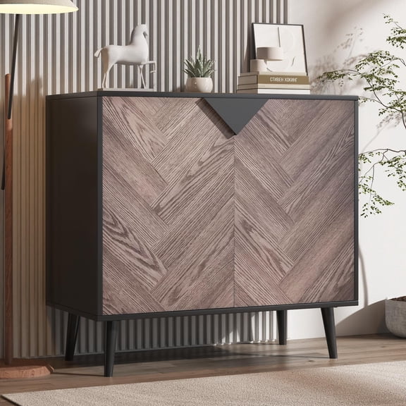 Modern Sideboard Buffet Cabinet with Doors – Adjustable Shelf – Storage Credenza for Dining Room, Living Room, Entryway – Free Standing Console – 31.5" – Gray Wood Grain + Black