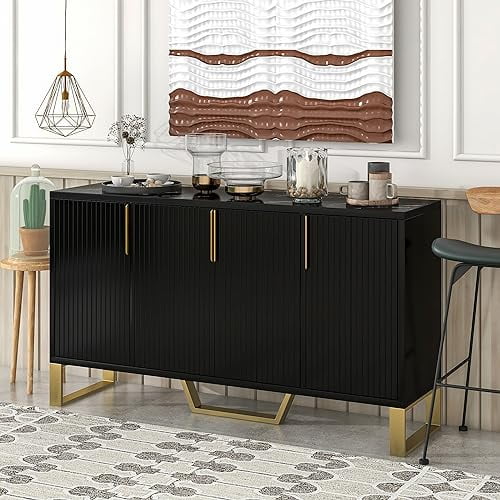 Modern Sideboard Buffet Cabinet with Large Storage Marble Sticker Tabletop Kitchen Sideboard Cabinet with 4 Doors and Metal Legs and Handles Storage Sidebaord Console Table Black