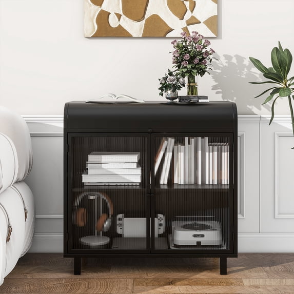 Modern Sideboard Buffet Cabinet with Tempered Figured Glass Doors, Flip Top, Inner Shelves, Metal Frame Storage Console for Dining Room, Kitchen, Living Room & Entryway (Black)