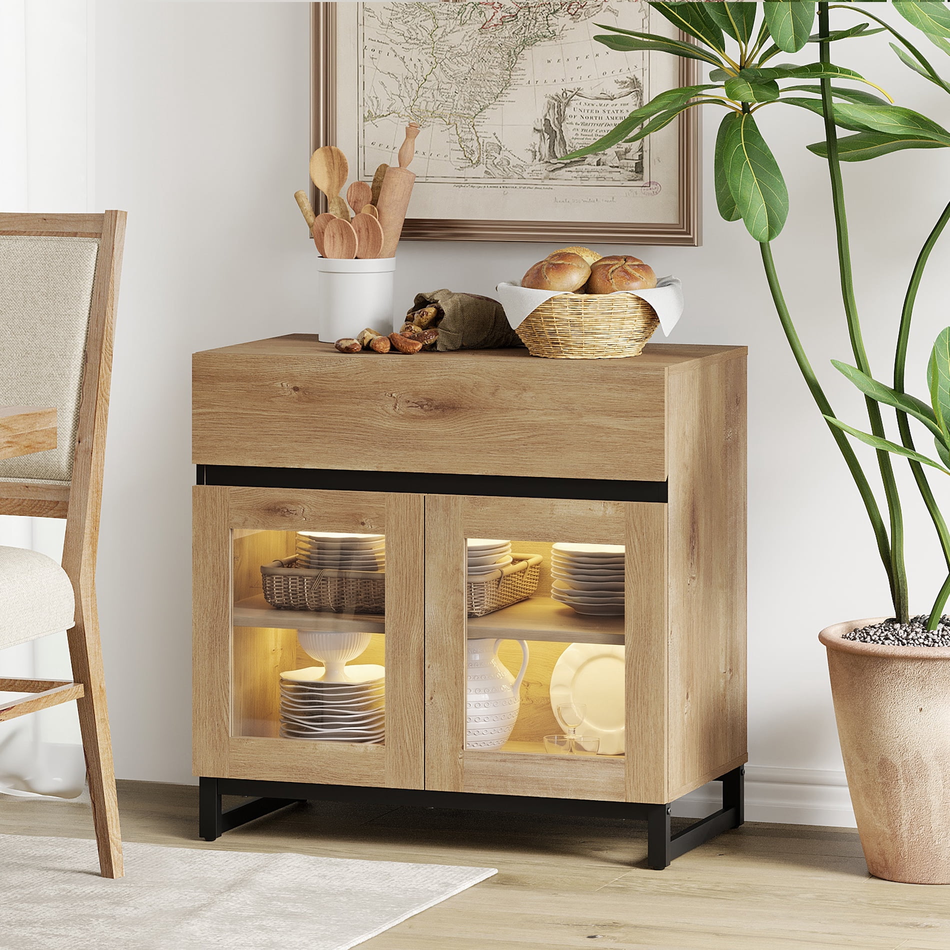 Modern Sideboard Buffet Cabinet with Glass Door & 1 Drawer, Adjustable Shelf Credenza, Coffee Bar Storage Cabinet for Living Room & Kitchen,Oak