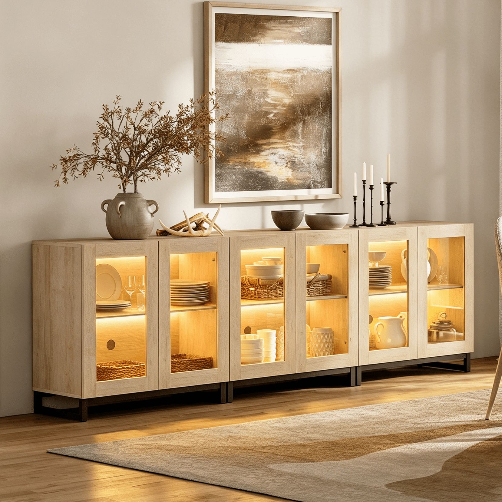 Modern Sideboard Buffet Cabinet with Glass Door & Drawer, Adjustable Shelf Credenza, Coffee Bar Storage Cabinet for Living Room & Kitchen,Beige