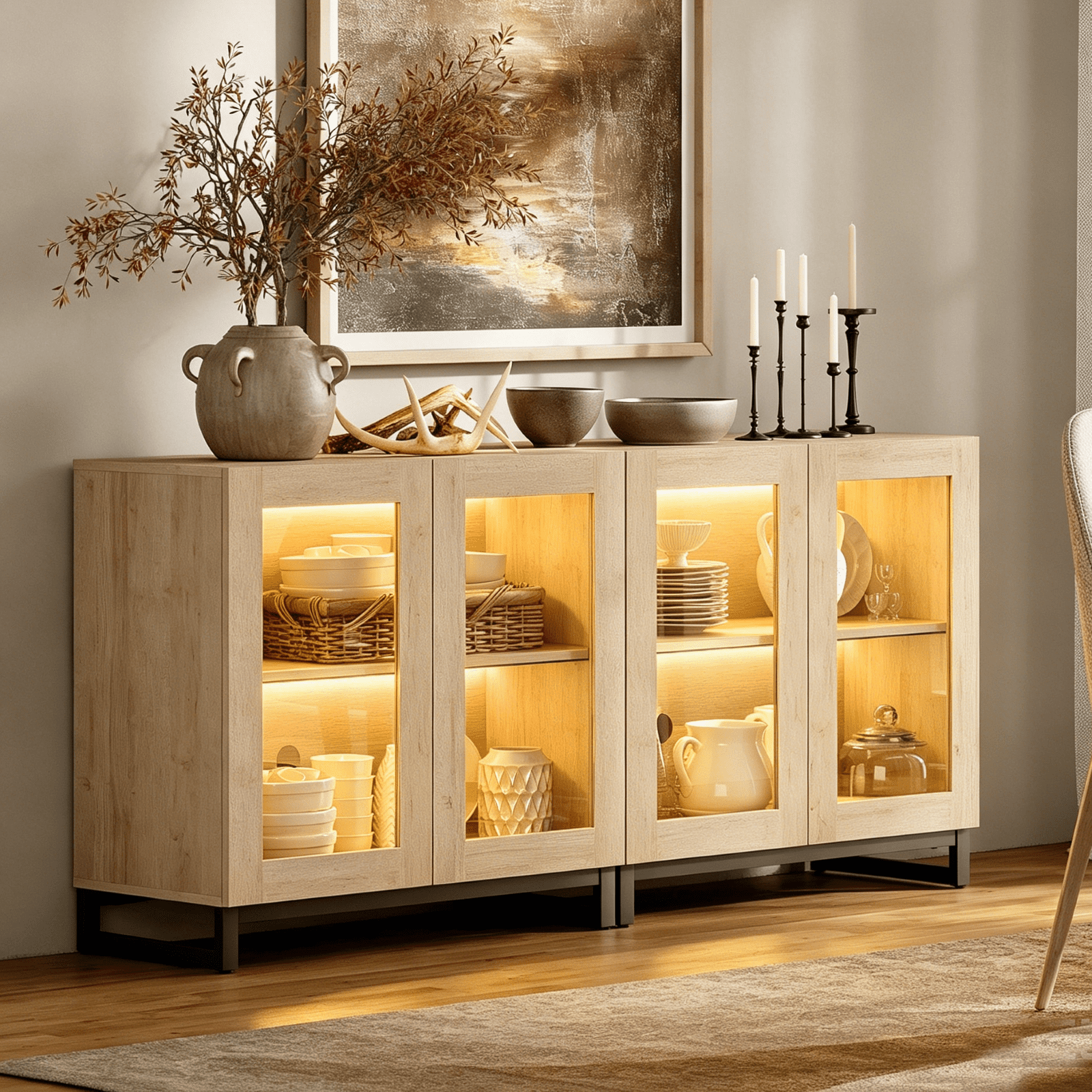 Modern Sideboard Buffet Cabinet with Glass Door & Drawer, Adjustable Shelf Credenza, Coffee Bar Storage Cabinet for Living Room & Kitchen,Beige