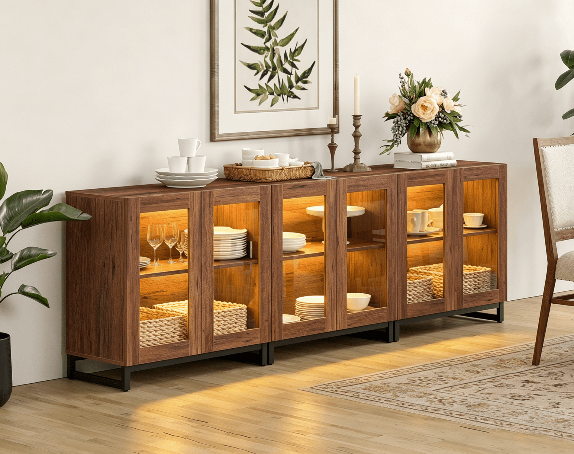 Modern Sideboard Buffet Cabinet with Glass Door & Drawer, Adjustable Shelf Credenza, Coffee Bar Storage Cabinet for Living Room & Kitchen,Brown