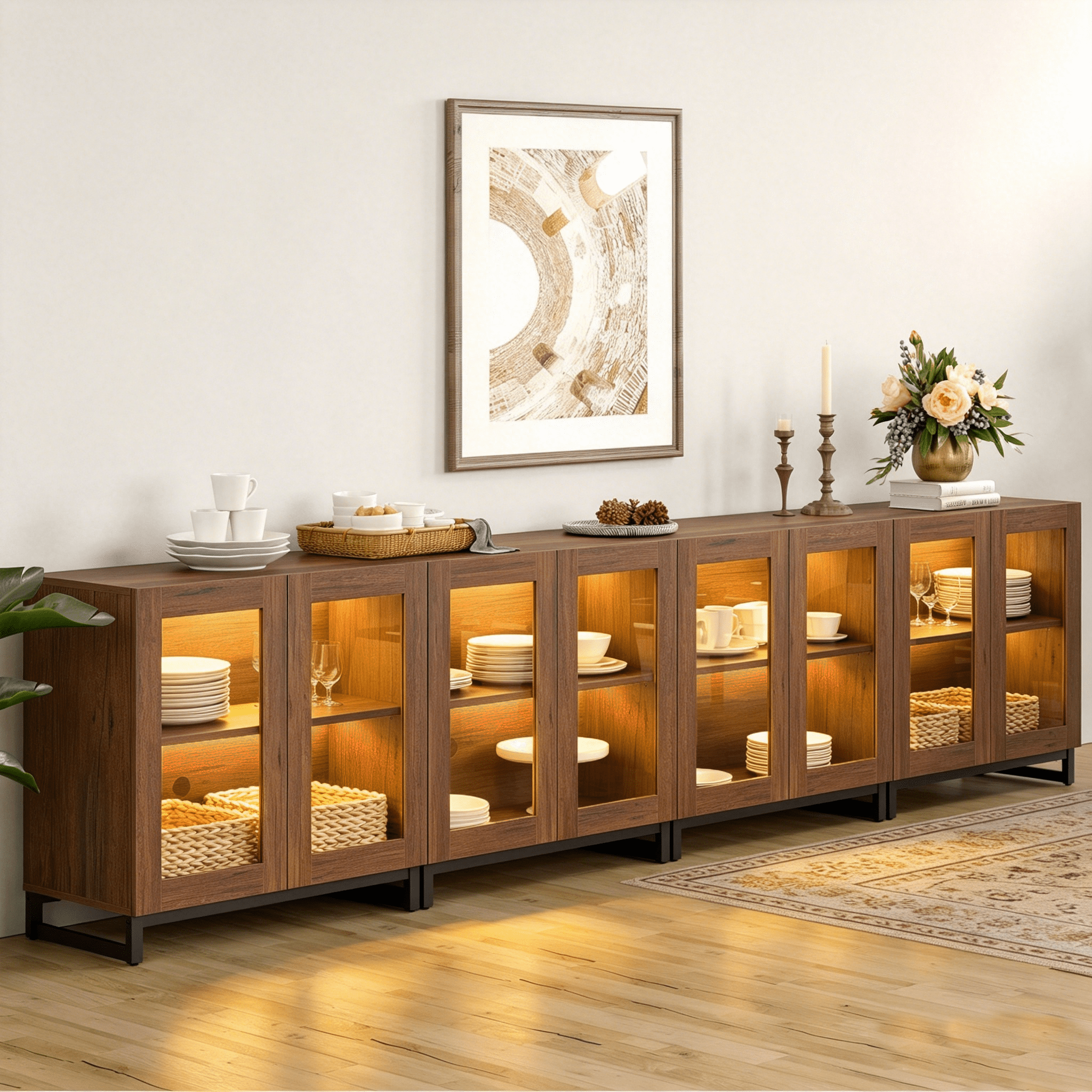 Modern Sideboard Buffet Cabinet with Glass Door & Drawer, Adjustable Shelf Credenza, Coffee Bar Storage Cabinet for Living Room & Kitchen,Brown