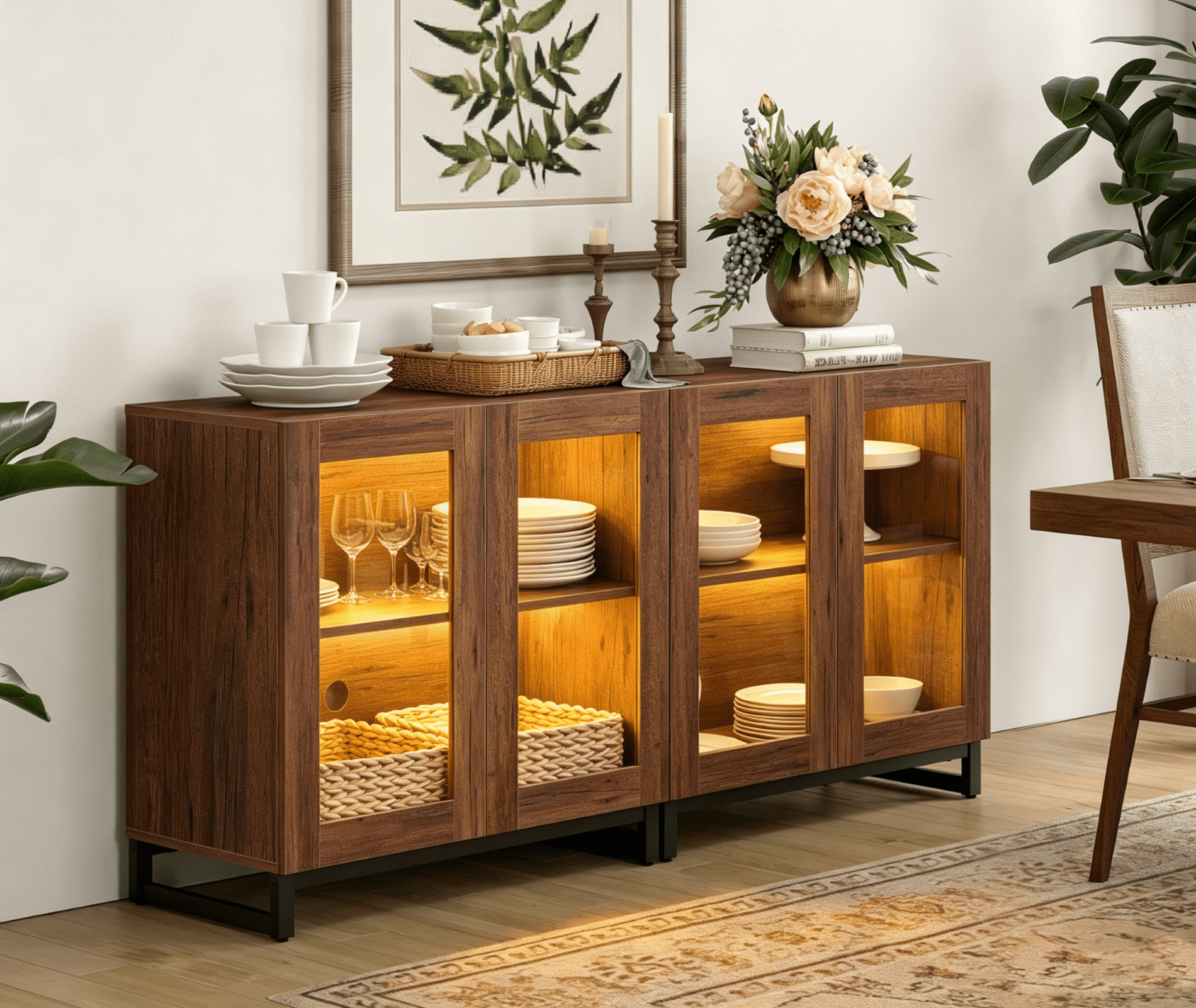 Modern Sideboard Buffet Cabinet with Glass Door & Drawer, Adjustable Shelf Credenza, Coffee Bar Storage Cabinet for Living Room & Kitchen,Brown