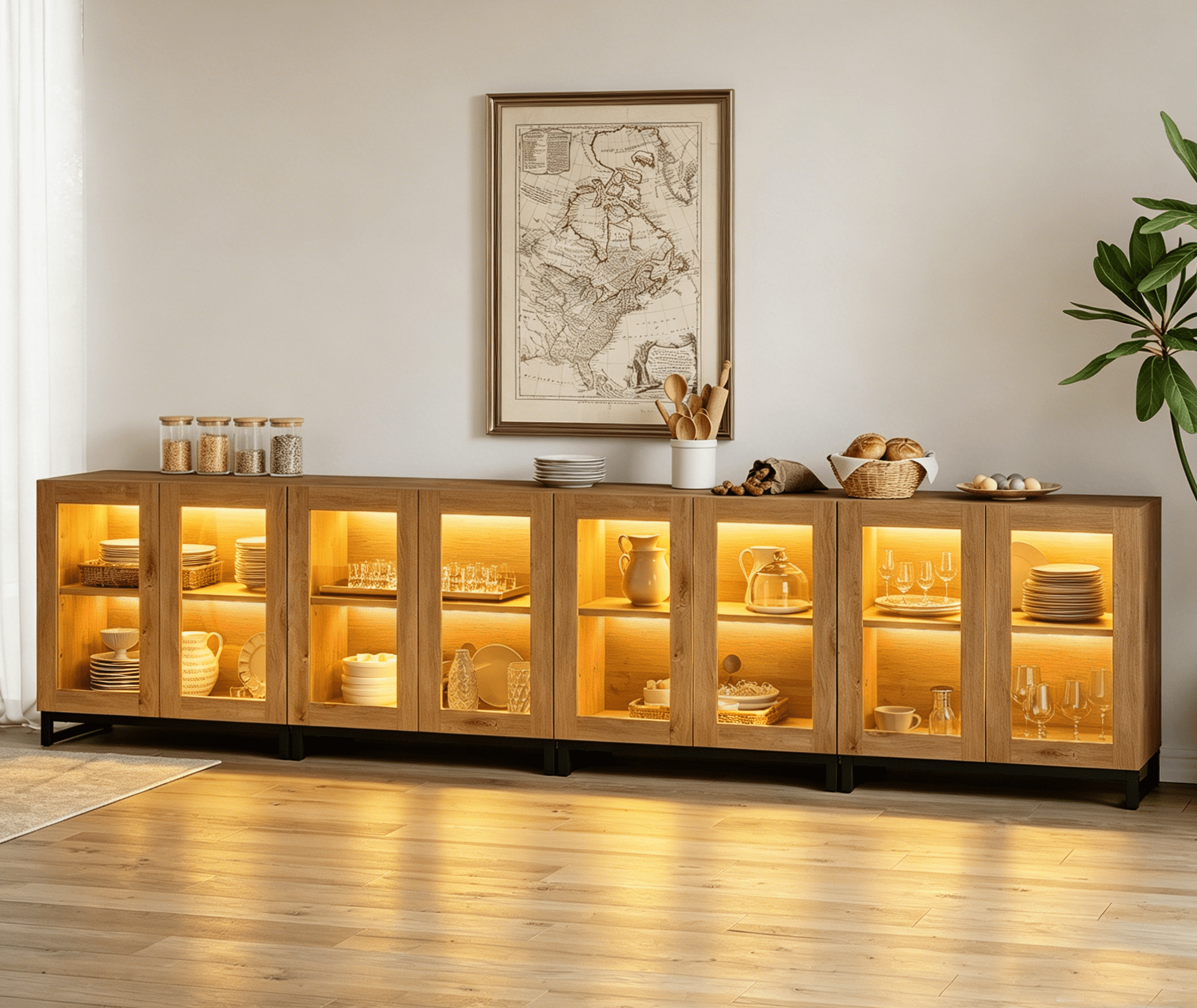 Modern Sideboard Buffet Cabinet with Glass Door & Drawer, Adjustable Shelf Credenza, Coffee Bar Storage Cabinet for Living Room & Kitchen,Oak
