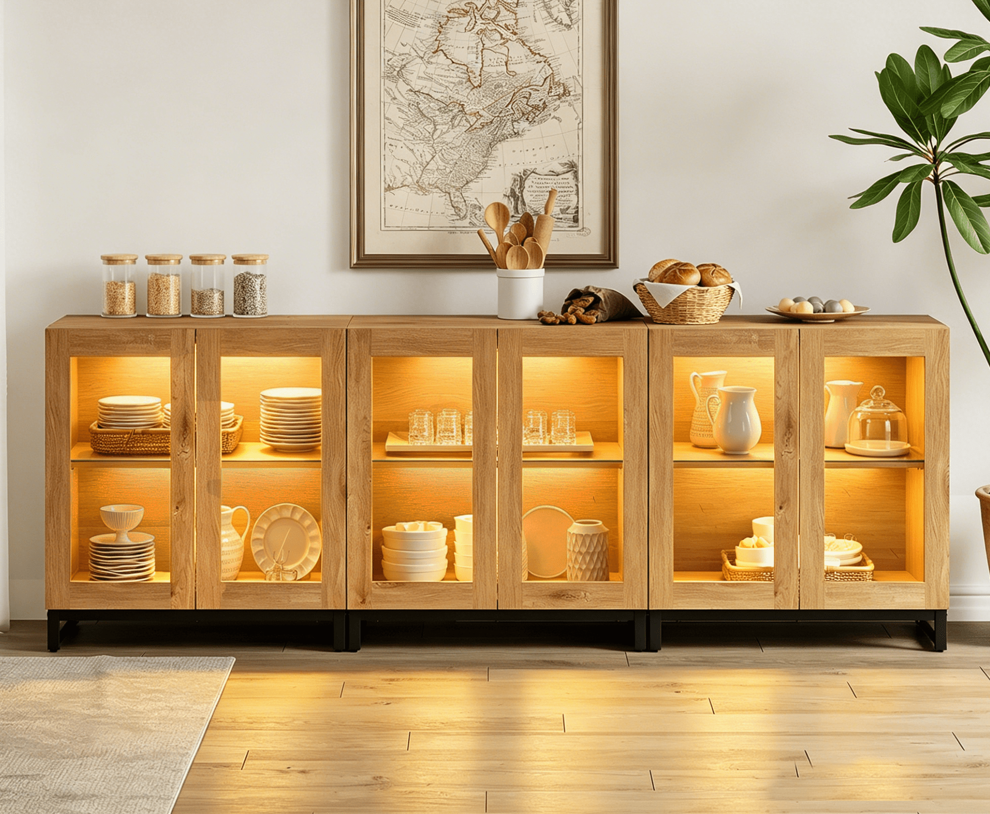 Modern Sideboard Buffet Cabinet with Glass Door & Drawer, Adjustable Shelf Credenza, Coffee Bar Storage Cabinet for Living Room & Kitchen,Oak