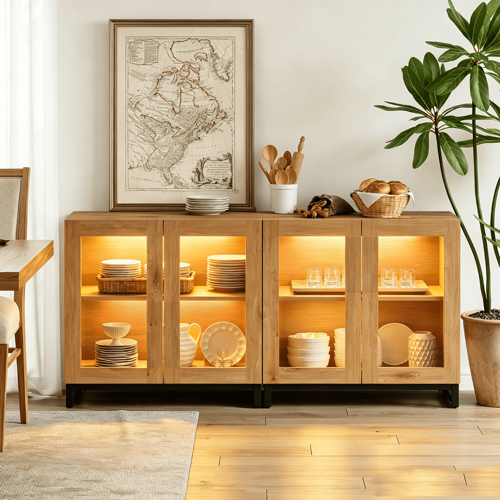 Modern Sideboard Buffet Cabinet with Glass Door & Drawer, Adjustable Shelf Credenza, Coffee Bar Storage Cabinet for Living Room & Kitchen,Oak