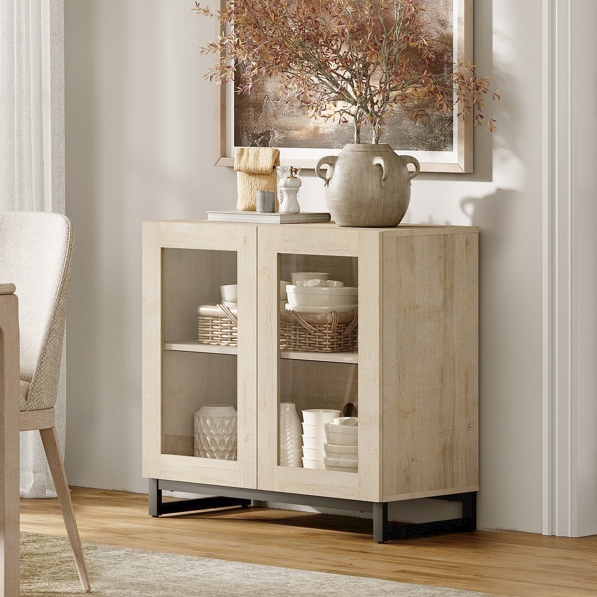 Modern Sideboard Buffet Cabinet with Glass Doors and Adjustable Shelf Coffee Bar Storage Cabinet for Living Room Kitchen,Beige
