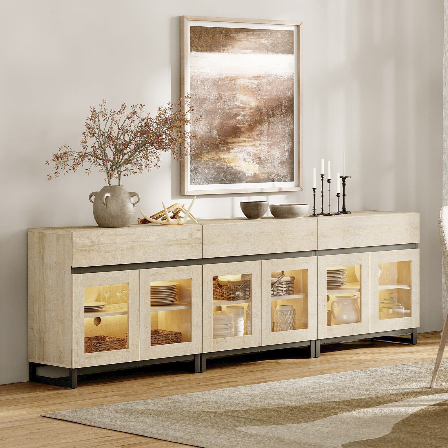 Modern Sideboard Buffet Cabinet with Glass Doors and Adjustable Shelf Coffee Bar Storage Cabinet for Living Room Kitchen,Beige