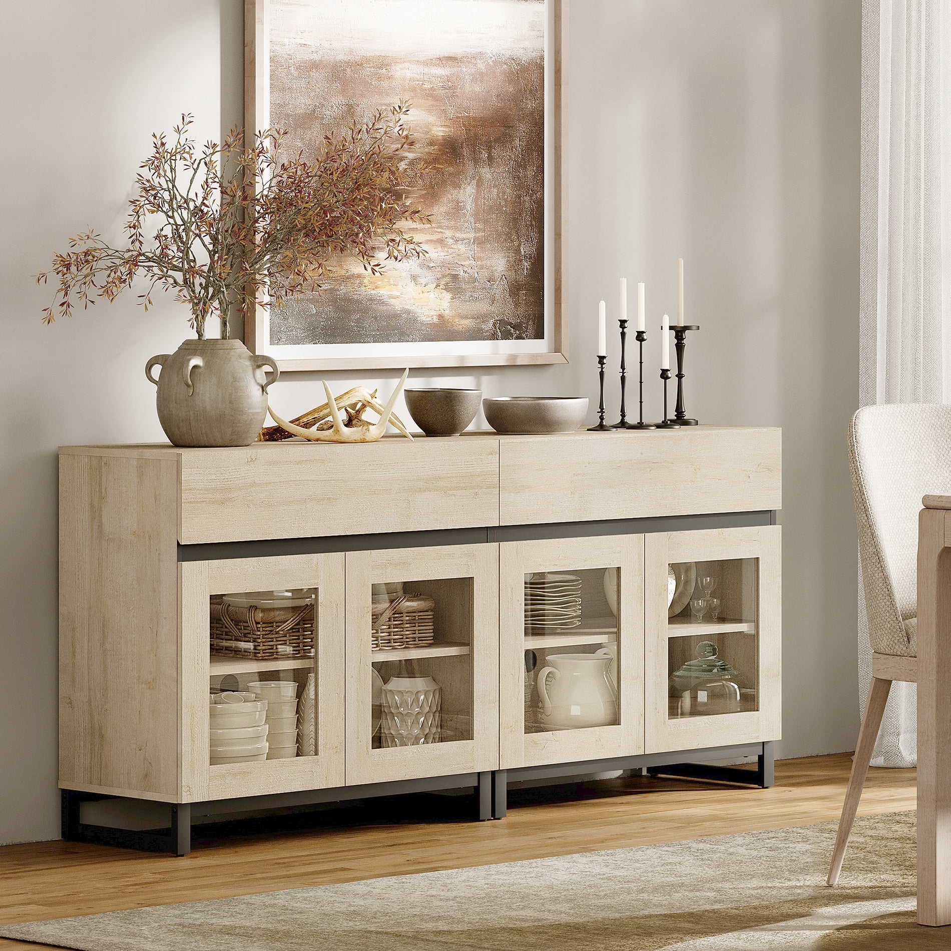 Modern Sideboard Buffet Cabinet with Glass Doors and Adjustable Shelf Coffee Bar Storage Cabinet for Living Room Kitchen,Beige