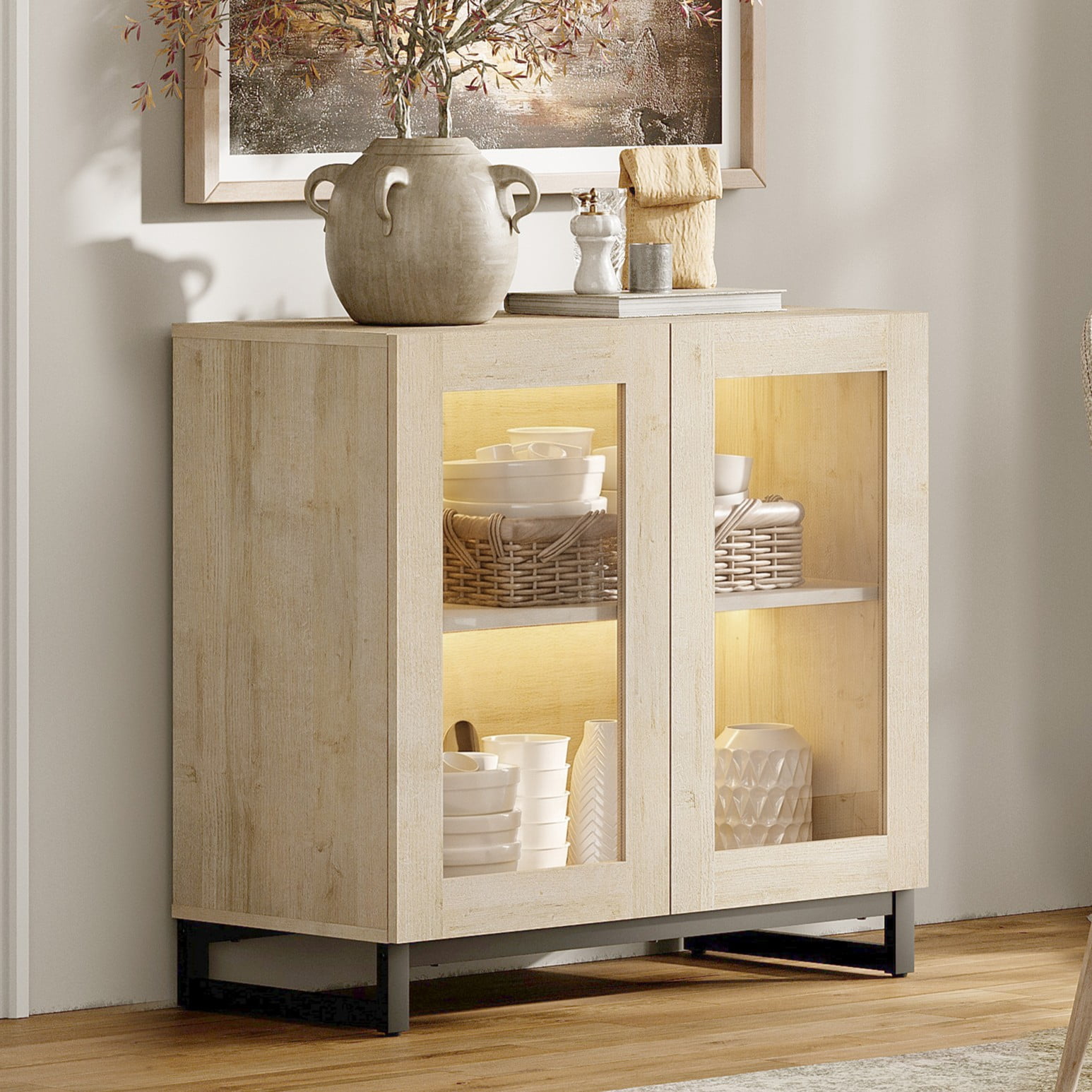 Modern Sideboard Buffet Cabinet with Glass Doors and Adjustable Shelf Coffee Bar Storage Cabinet for Living Room Kitchen,Beige