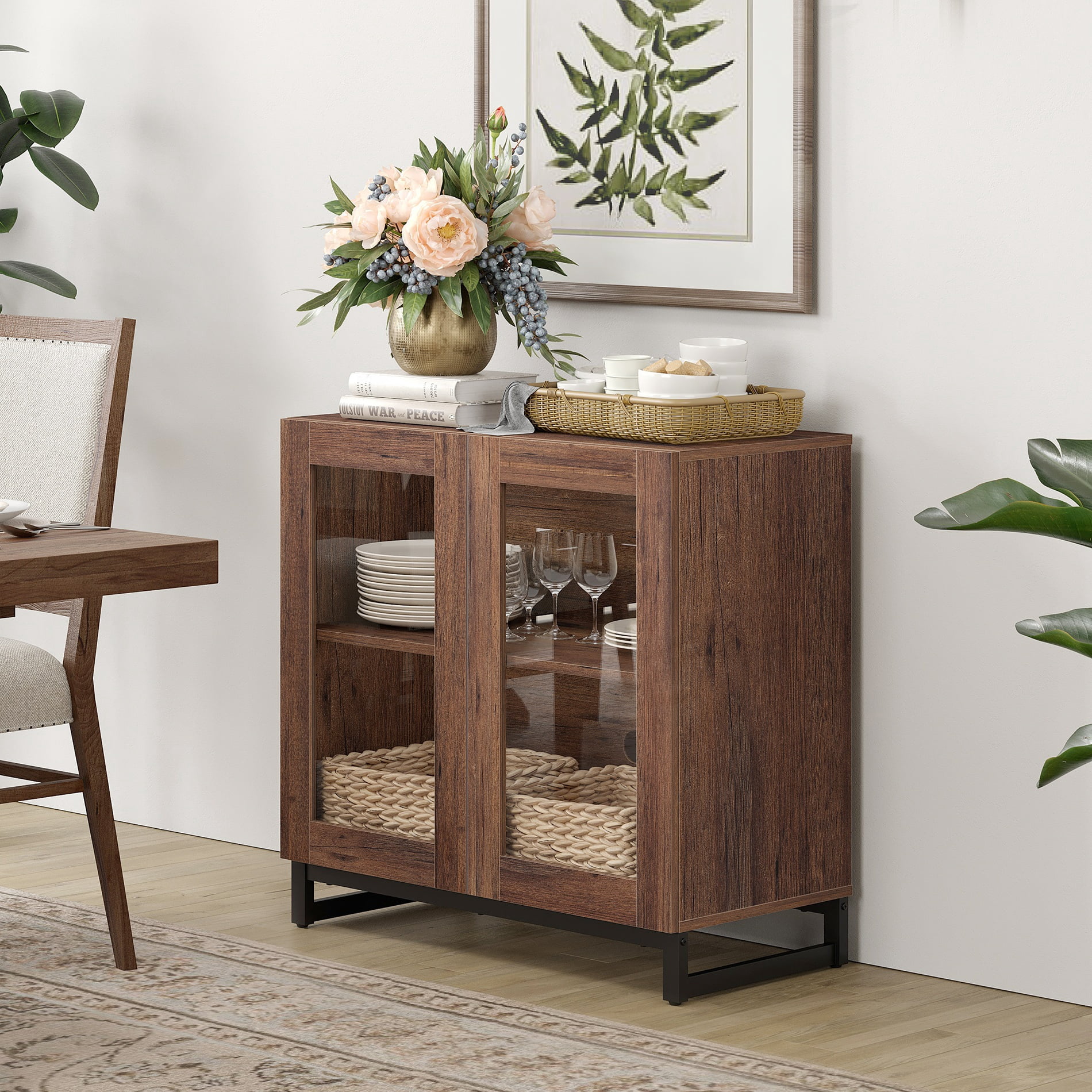 Modern Sideboard Buffet Cabinet with Glass Doors and Adjustable Shelf Coffee Bar Storage Cabinet for Living Room Kitchen,Brown