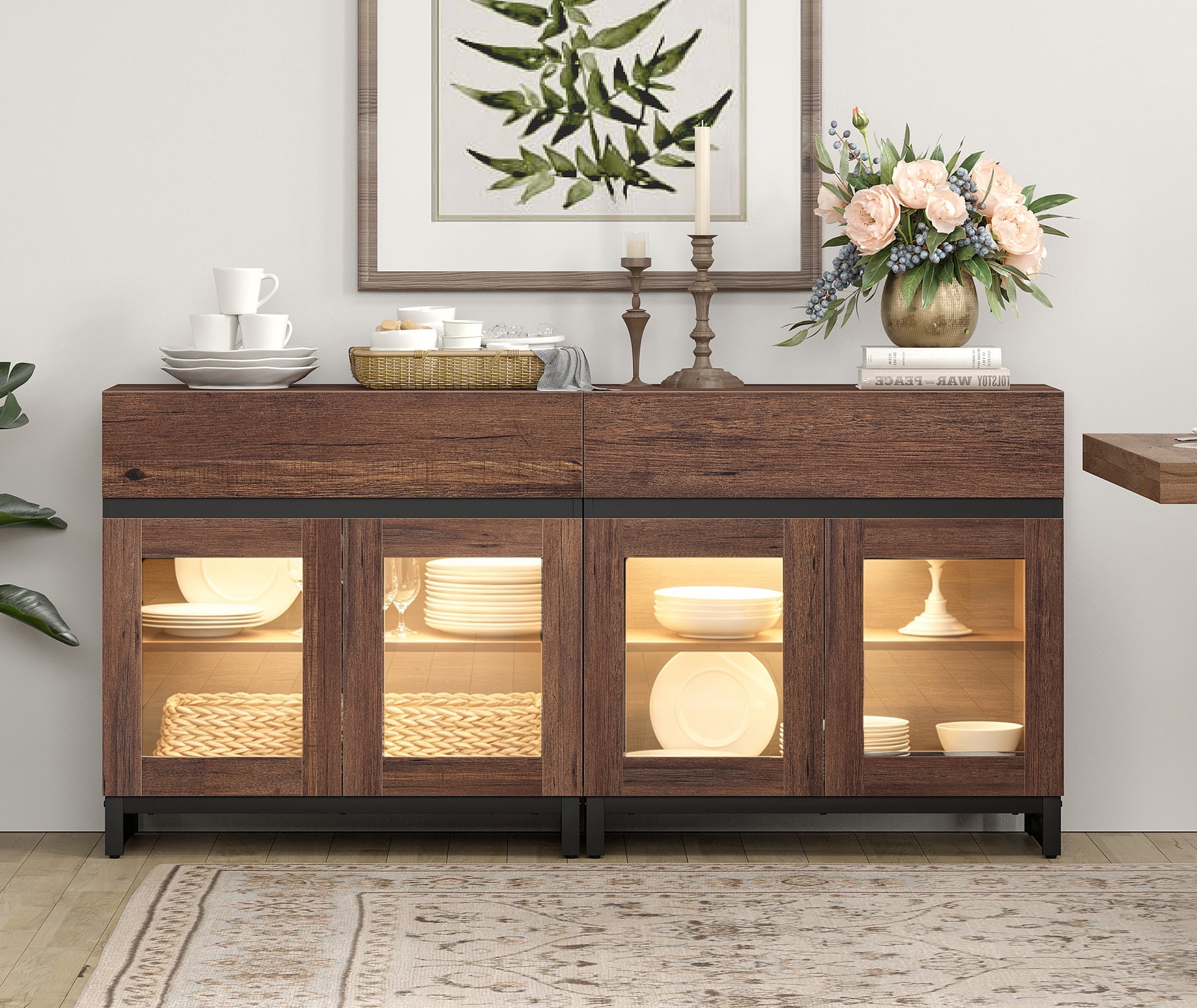 Modern Sideboard Buffet Cabinet with Glass Doors and Adjustable Shelf Coffee Bar Storage Cabinet for Living Room Kitchen,Brown
