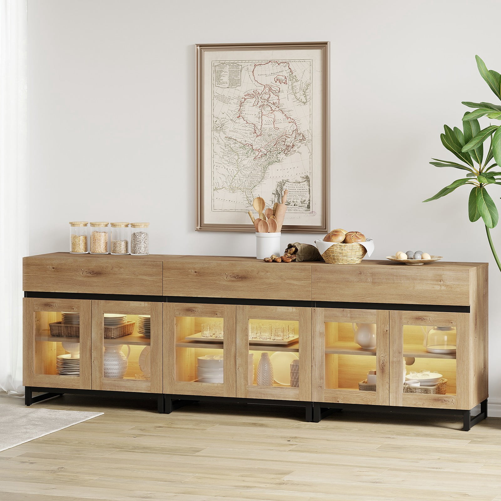 Modern Sideboard Buffet Cabinet with Glass Doors and Adjustable Shelf Coffee Bar Storage Cabinet for Living Room Kitchen,Oak
