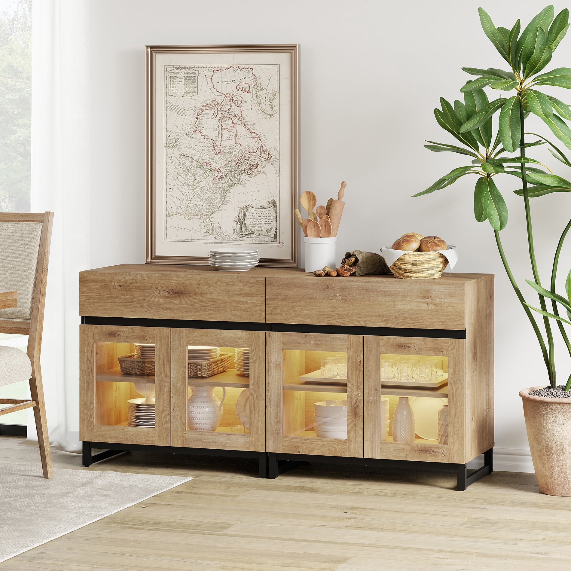 Modern Sideboard Buffet Cabinet with Glass Doors and Adjustable Shelf Coffee Bar Storage Cabinet for Living Room Kitchen,Oak