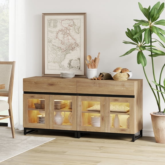 Modern Sideboard Buffet Cabinet with Glass Doors and Adjustable Shelf Coffee Bar Storage Cabinet for Living Room Kitchen,Oak